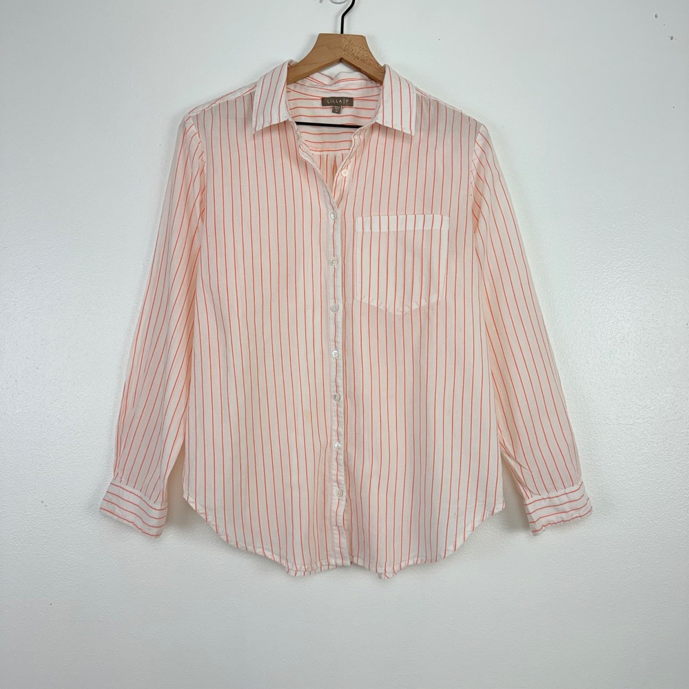 LILLA P Boyfriend Button Down Shirt Top Women M Tangerine Stripe Cotton Minimal - Picture 14 of 16